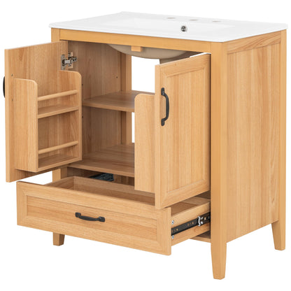 Christopher Knight Home Tessa 30" Bathroom Vanity with Ceramic Sink, Wooden Storage Cabinet with Adjustable Interior Shelf, Bathroom Organizer with Soft-Close Double Doors & Bottom Drawer, Wood