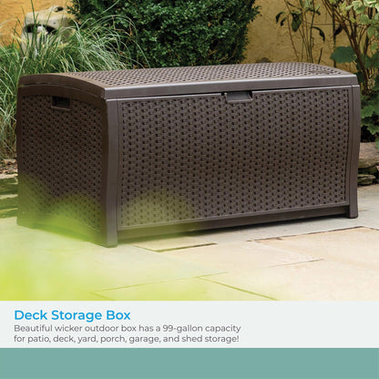 Suncast DBW9200 99 Gallon Outdoor Wicker resin Patio Storage Chest Bin with Handles for Patio, Garden, Garage, or Pool for All Weather, Mocha