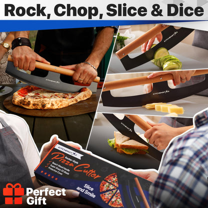 KitchenStar 16-Inch Pizza Cutter Rocker Blade - Razor Sharp Stainless Steel Slicer Knife, Stylish Beech Wood Handle, Protective Cover - Professional Pizza Oven Accessories, Black