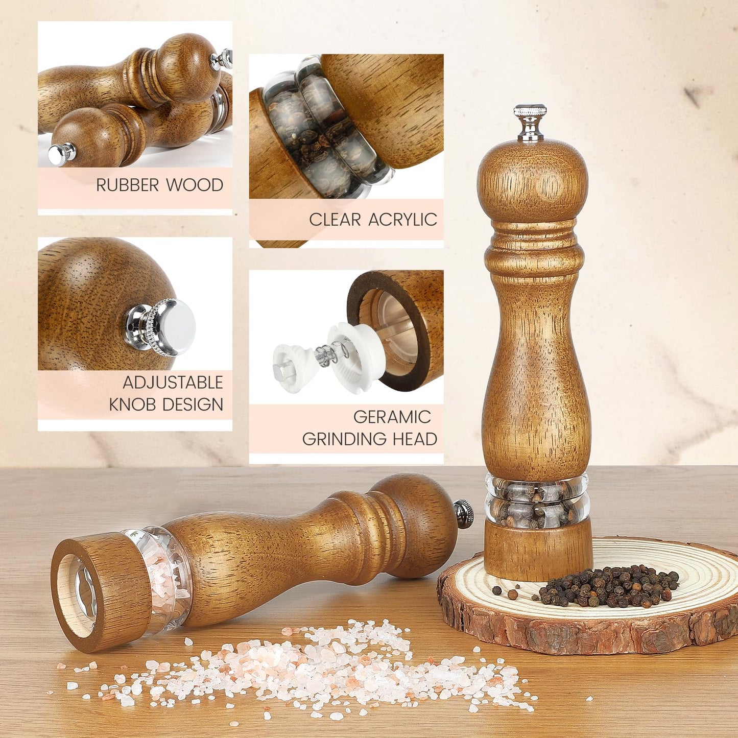 VONTIQUE 8inch salt and pepper grinder set manual salt pepper shakers wooden pepper mill refillable With adjustable ceramic grinding core Acrylic visualization window design 2-pieces