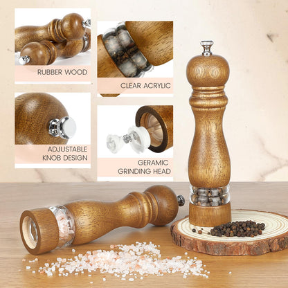 VONTIQUE 8inch salt and pepper grinder set manual salt pepper shakers wooden pepper mill refillable With adjustable ceramic grinding core Acrylic visualization window design 2-pieces