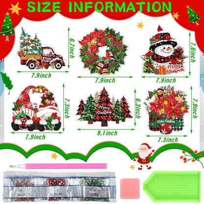 Zonon 6 Pcs Christmas Diamond Painting Hanging Sign Set 5D Gnome Snowman Diamond Art Set for Adults DIY Art Pendant Ornaments Kits Acrylic Christmas Tree Wreath Truck for Wall Window Decor