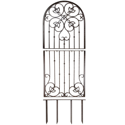 H Potter 72” Heavy Duty Garden Trellis – 60 lb Solid Iron Scrollwork Panel, 1” Metal Frame with Ground & Stabilizing Stakes (Charcoal Brown)