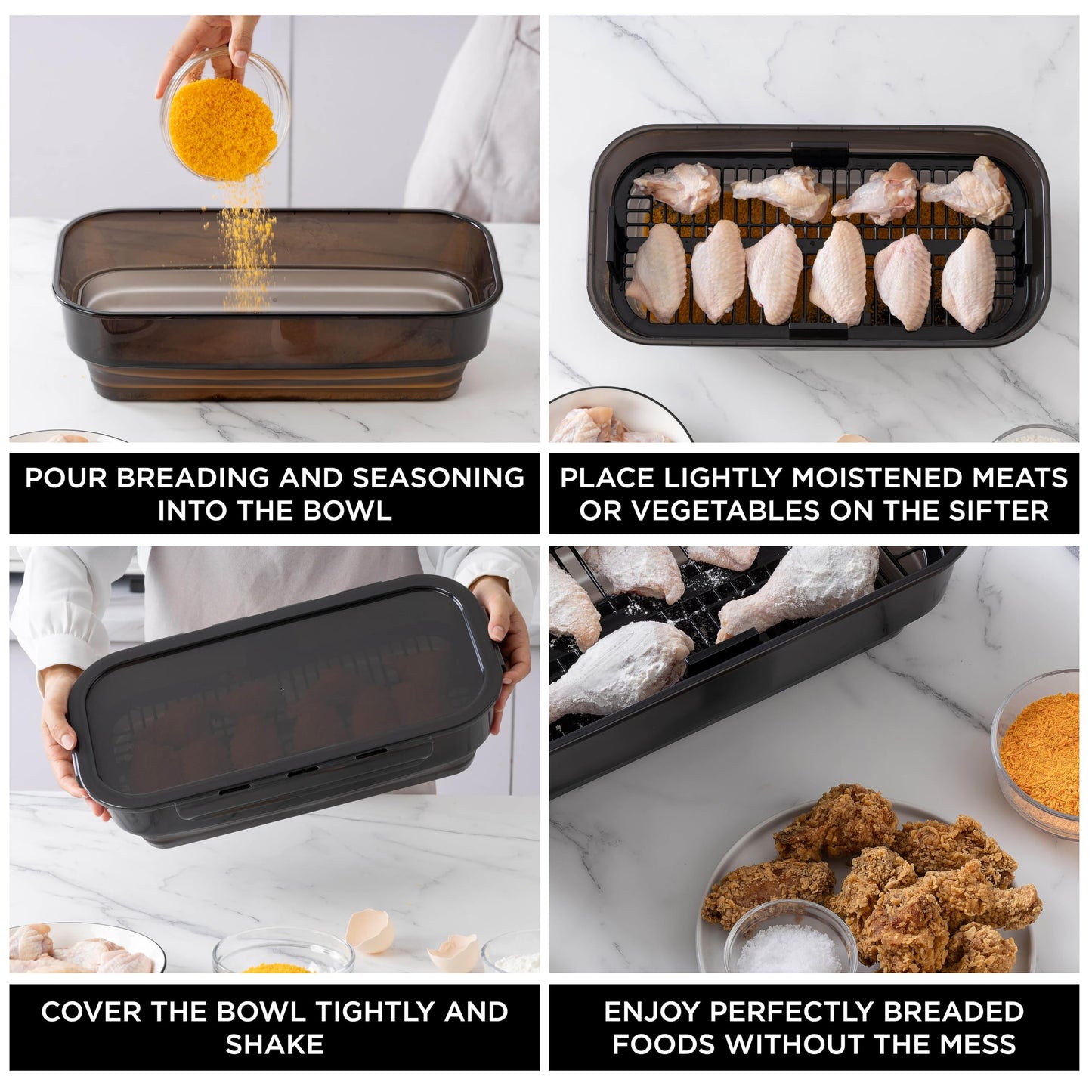 COOK WITH COLOR Collapsible Batter Bowl - Mess Free Breading Shaker Container - Great for Fried Fish, Fried Chicken, Onion Rings, Wings & More, Cream