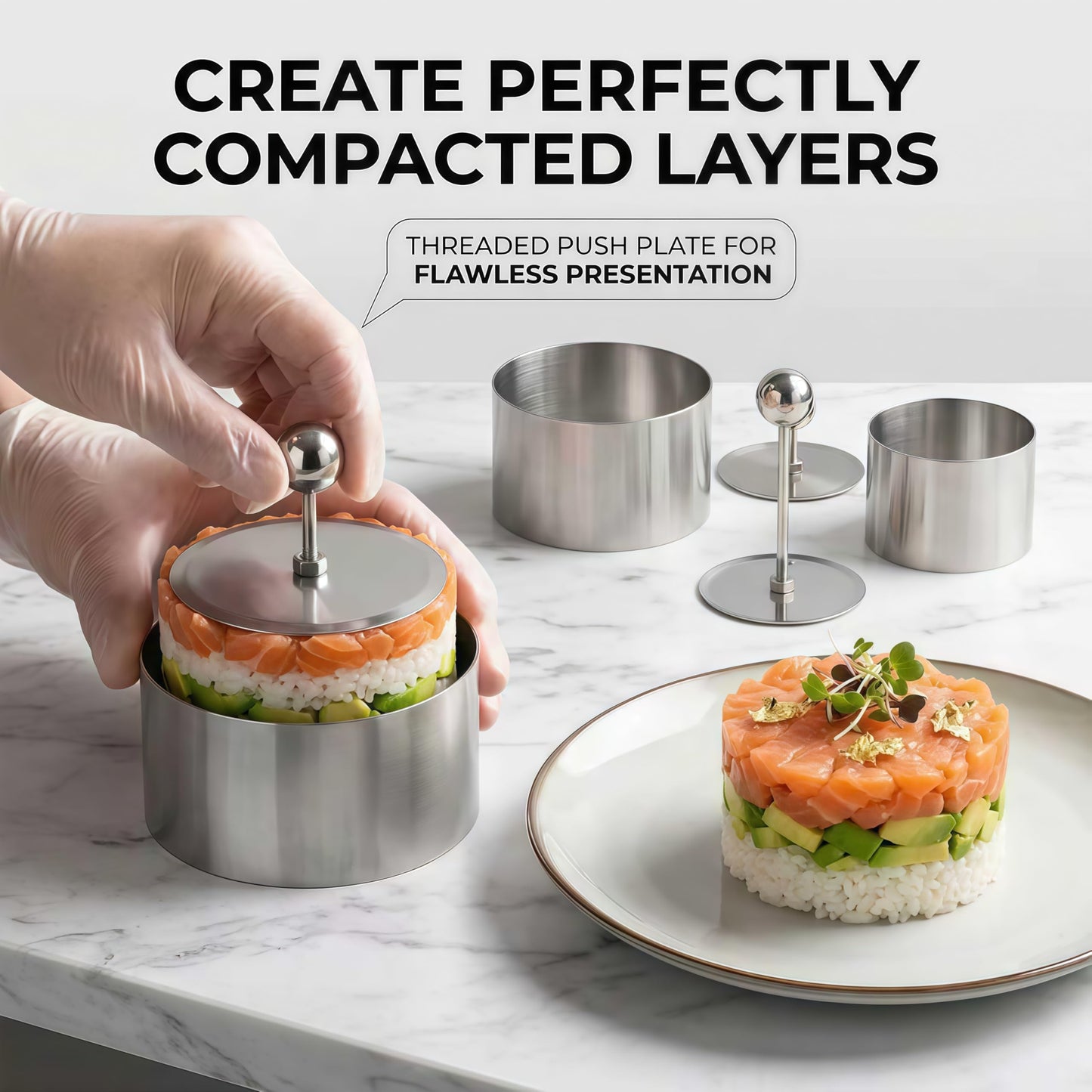 Stainless Steel Cake Ring Set of 3 Professional Round Ring Mold with Press, Small Pastry Baking Molds & Metal Cookie Rings for Mousse Desserts