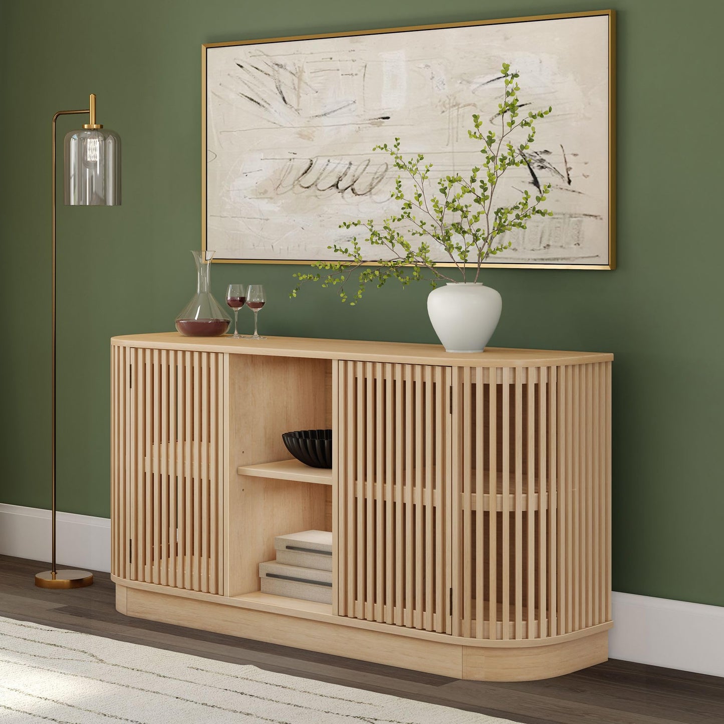 Plank+Beam Contour Wood TV Stand, Two Door Solid Wood Entertainment Console with Storage, 59" L x 16" W x 30" H, Blonde