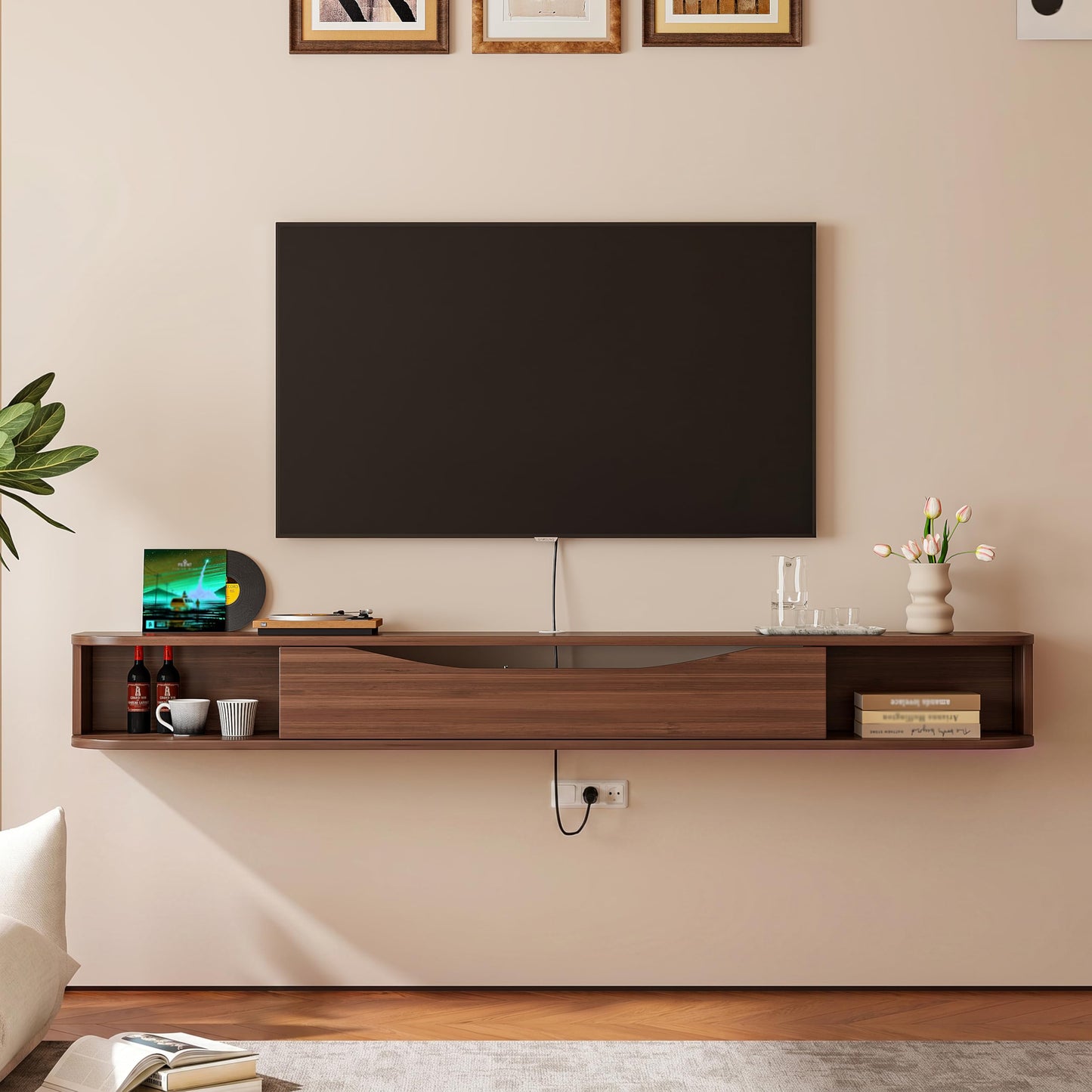FurniNova Floating TV Stand,94'' Wall Mounted TV Cabinet,Floating TV Console,Under TV Shelf with 1 Door and 2 Cabinets for TVs up to 90''(Walnut)