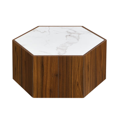 Merax Rustic Retro Coffee Table with 2 Hidden Drawers, Hexagonal Wooden Living Room Table with Textured White Marble Tops, Walunt Oak Finish
