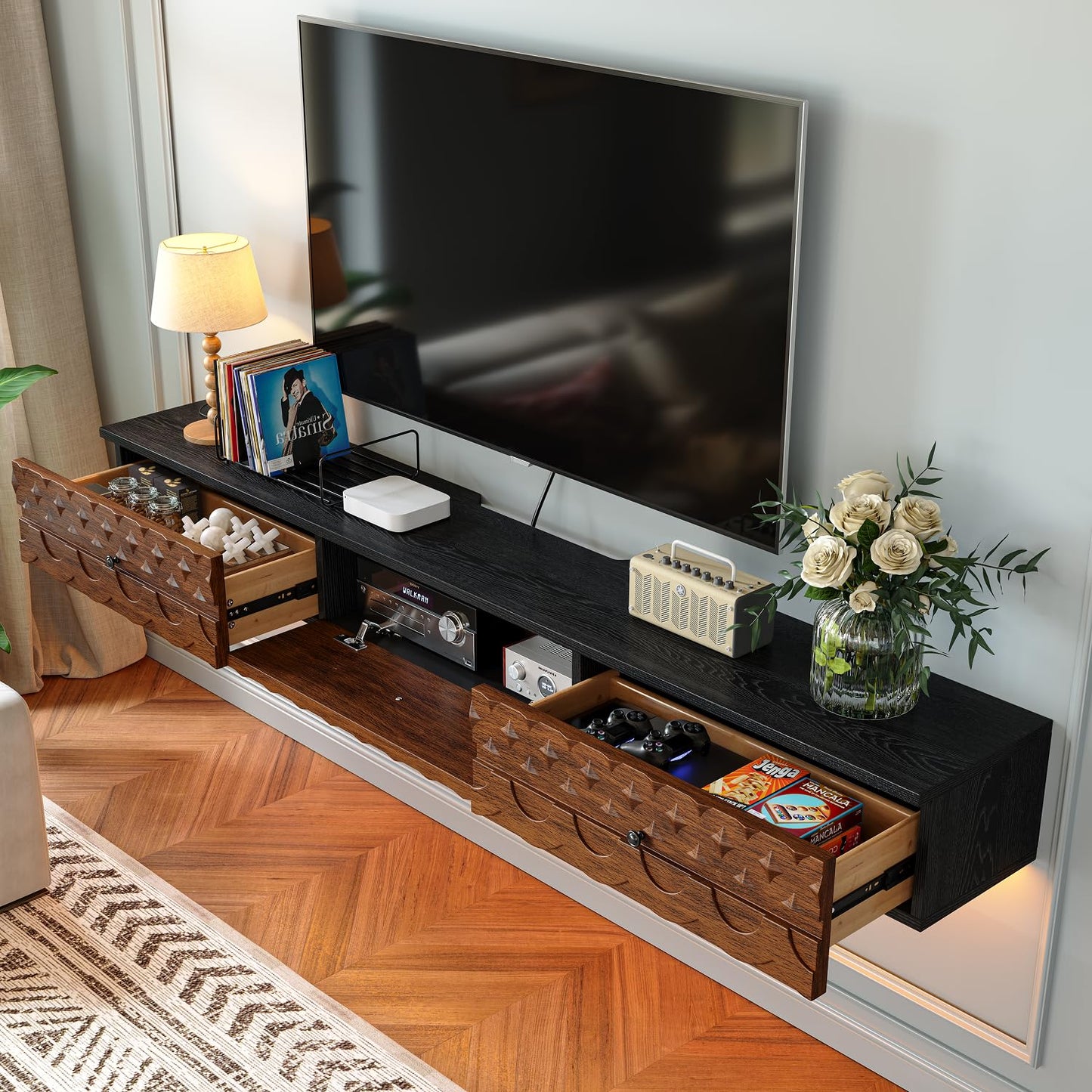 FurniNova 70'' Floating TV Stand Wall Mounted, Fully Assembled Media Console with 2 Drawers and 1 Door, Wall Mounted TV Cabinet,Carved Wood Design,Natural Wood Finish