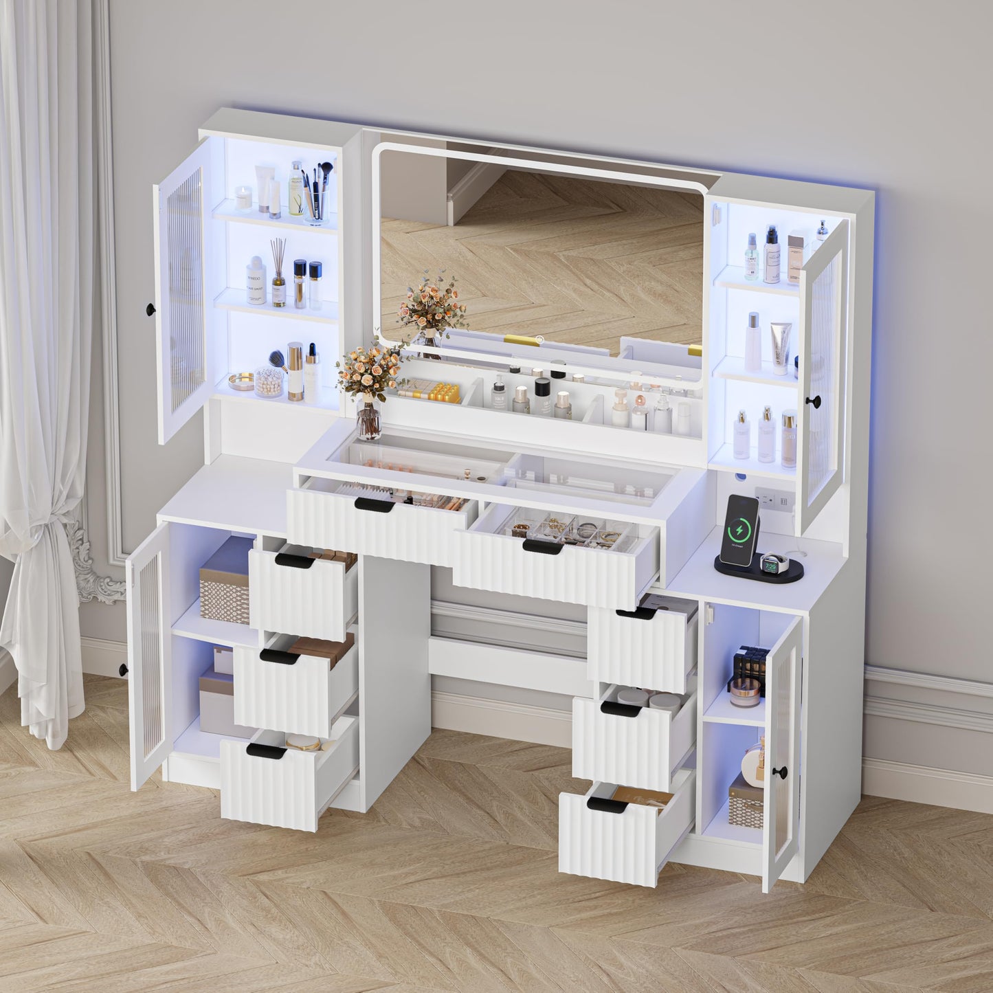 Fluted Makeup Vanity Desk with Mirror and Lights, 55" Glass Top Vanity with 8 Drawers & 4 RGB Glass Cabinets, Adjustable Shelves & Power Outlet, Modern Dressing Table Set for Women Girls Bedroom