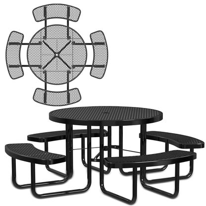 Leisure Craft Metal Picnic Table with Bench - 46" Round Outdoor Dining Table for 8 with Umbrella Hole, Weatherproof Heavy Duty Thermoplastic Coating, Commercial Grade Furniture Made in USA - Black