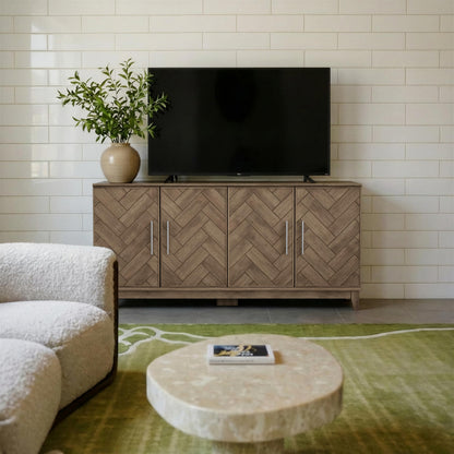 Lab Cosi 62.9" Sideboard Buffet Cabinet with Storage, Herringbone Wood Credenza with 4 Doors, Wood Coffee Bar Table Console for Hallway, Dining Room, Living Room, Kitchen