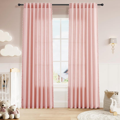 84 Inches 2 52X84 Pink Boho Linen Curtains for Girls Bedroom Nursery Room Long Panels Bohemian Drapes with Tassels Kids