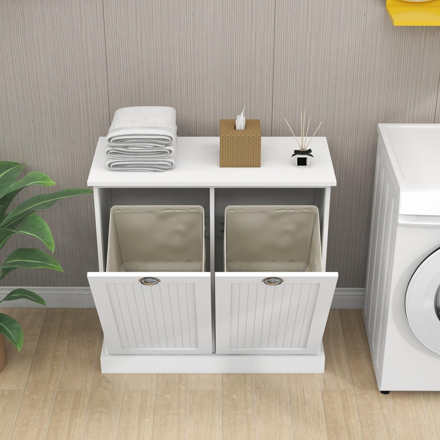 Contemporary Storage Cabinet, Two-Compartment Tilt-Out Laundry Sorter Cabinet, for Bathroom Hallway,for The Kitchen