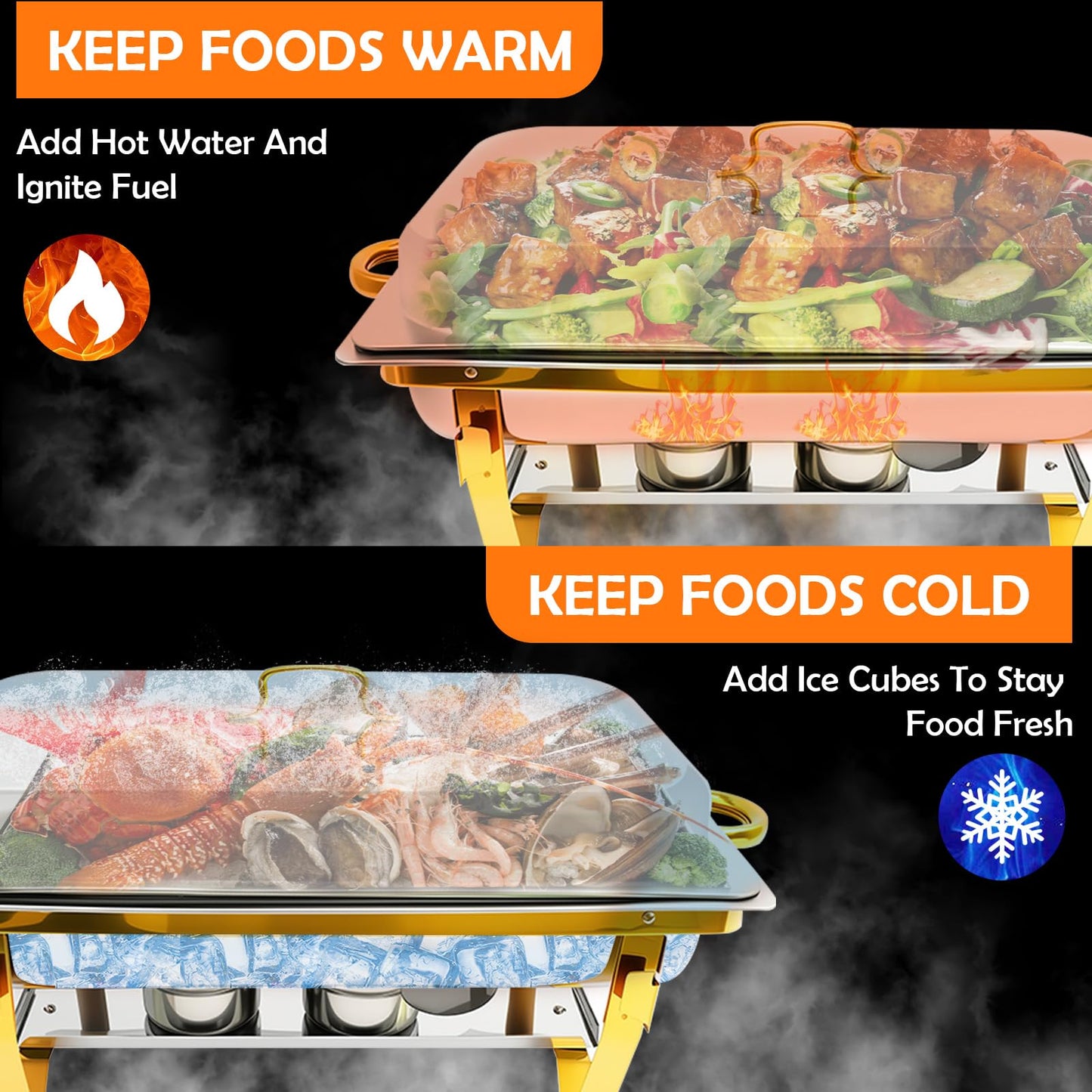 ALSO GO Chafing Dishes for Buffet, Rectangular Chafing Dish Set with 4 Serving Tongs, 9QT 4 Pack Gold Chafing Dishes for Buffet, Party, Gatherings, Banquets, Weddings
