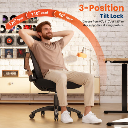 GABRYLLY Ergonomic Office Chair, High Back Home Desk Chair with Flip-Up Arms, 3D Headrest, Thick Sponge Seat &90-120° Recline, Big and Tall Mesh Executive Chairs for Man Woman, Black Woodgrain