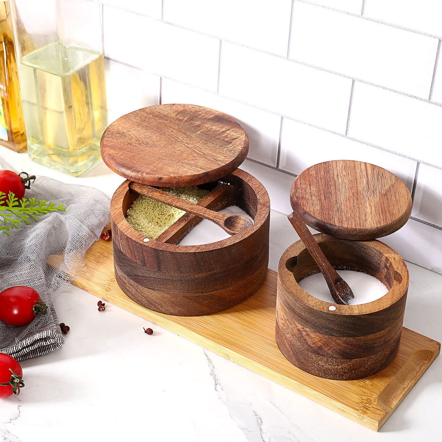 RAETTER.LY Acacia Wood Salt and Pepper Bowl, Nature Wood Salt Cellar and Spices Storage Box With Built-in Spoon and Magnetic Swivel Lid (Two Compartments 12 oz)