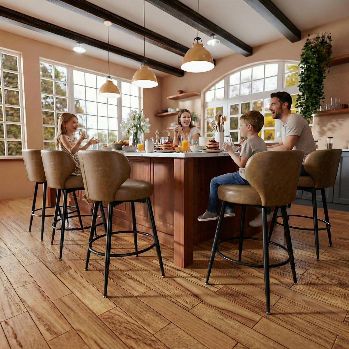 Sucrever Bar Stools Set of 4, 26" Counter Height Swivel Leather Bar Stools, Upholstered Barstools with Back & Footrest Metal Legs, Stools for Kitchen Island, Home Bar, Dining Room Brown