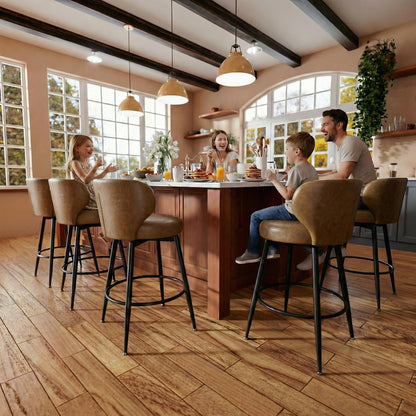 Sucrever Bar Stools Set of 4, 26" Counter Height Swivel Leather Bar Stools, Upholstered Barstools with Back & Footrest Metal Legs, Stools for Kitchen Island, Home Bar, Dining Room Brown