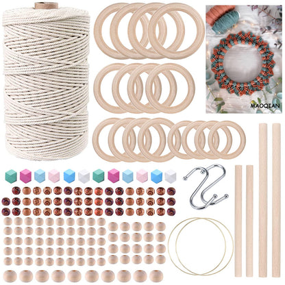 169pcs Macrame Kits for Beginners 3mm x 220yards Natural Cotton Macrame Cord Wall Hanging Kit, Best Macrame Supplies for Macrame Plant Hanger with Wooden Beads,Wooden Rings,Wooden Sticks,S Hooks