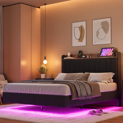 IDEALHOUSE King Floating Bed Frame with LED Lights & Charging Station, Upholstered Platform Bed with Storage Headboard, Wood Slats Support, No Box Spring Needed, Easy to Assemble, Black