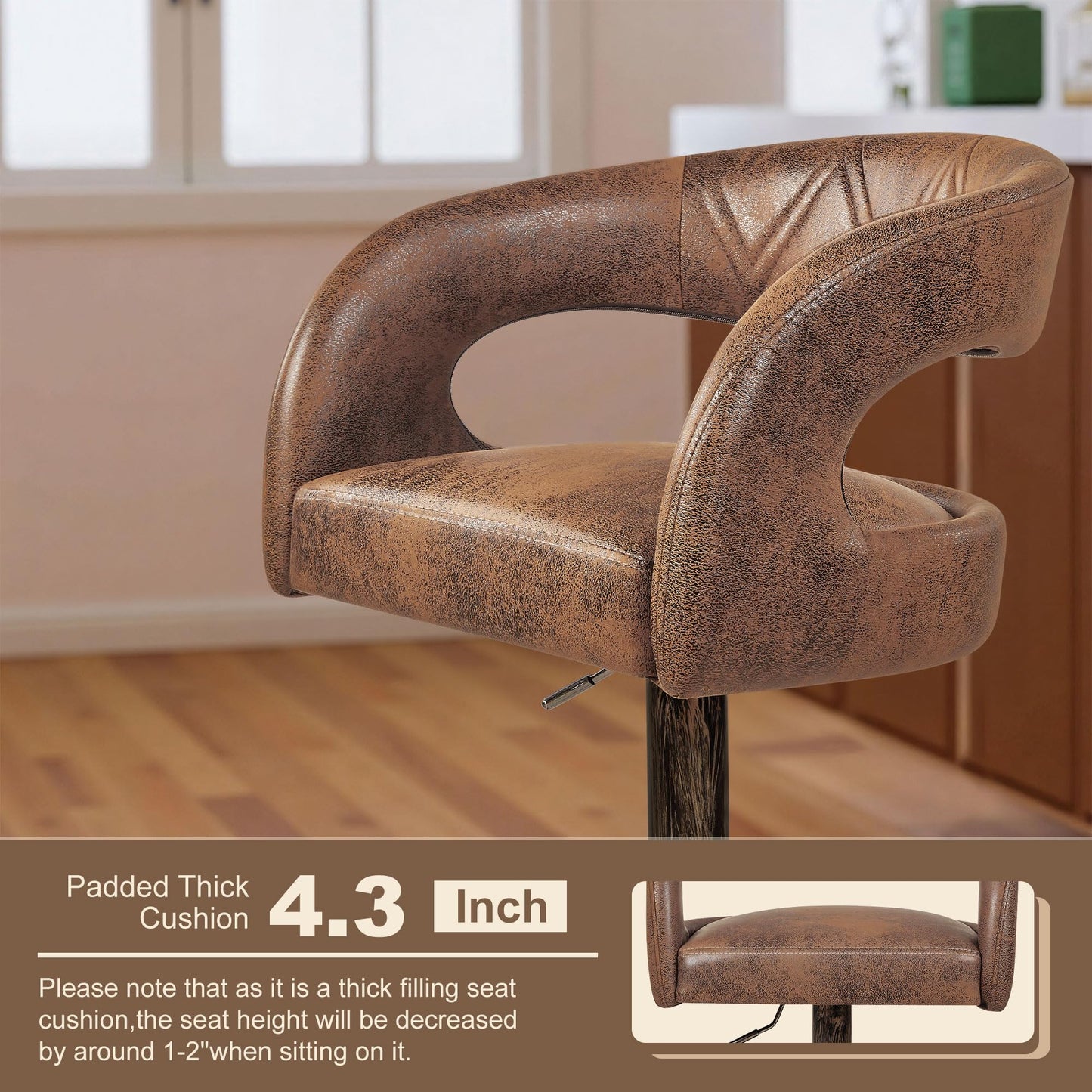 VECELO Bar Stools Set of 4 Adjustable Swivel Modern Pu Leather Barstools, Counter Bar Stools with Back and Arms, for Kitchen, Bar (Dark Brown)