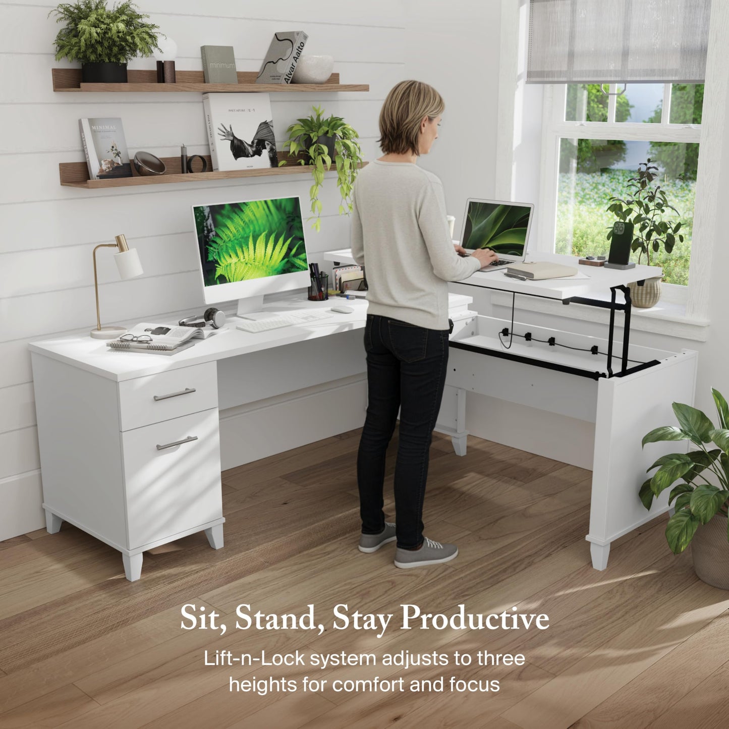 Bush Furniture Somerset 72W 3 Position Sit to Stand Adjustable Standing L Shaped Desk in White, Ergonomic Corner Computer Office Table