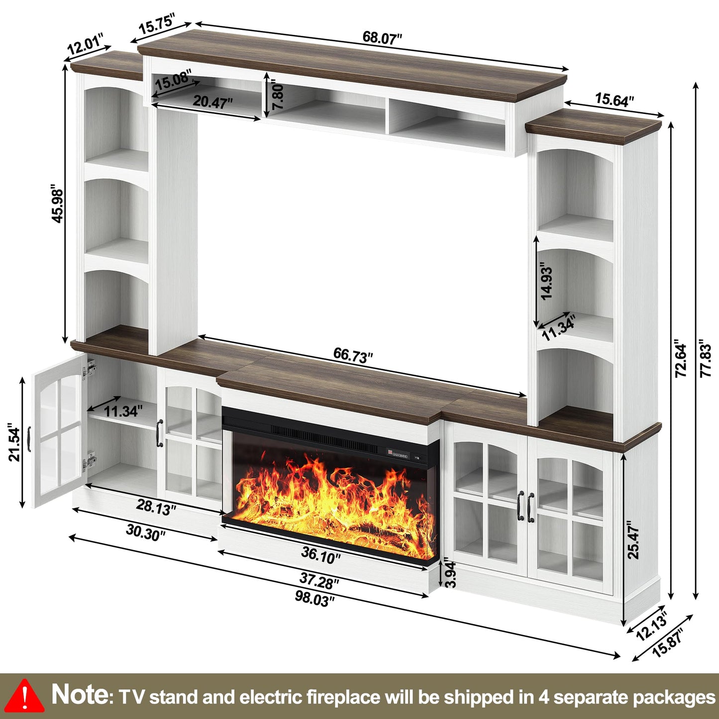 OneBlis 98" Farmhouse TV Stand with 36" Electric Fireplace, Bookshelves, Fits 75" TVs, Entertainment Center with Storage Cabinet, Large Wall Unit Media Console for Living Room, White