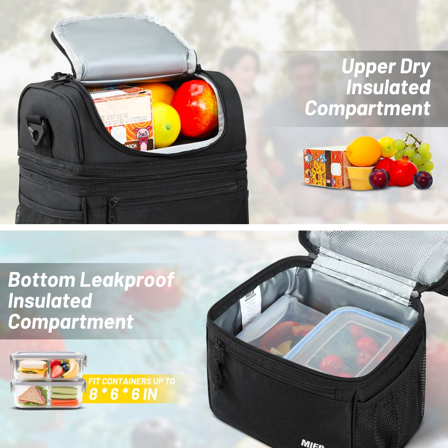 MIER Insulated Lunch Box Dual Compartment Lunch Bag Leakproof Cooler for Men Women Adult Work, Black, Medium (Upgraded Extra-Tall Bottom Layer)