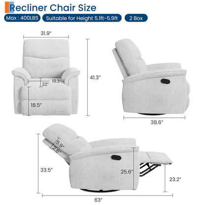 Garvee Swivel Rocker Recliner Chair, Nursery Rocker Recline Chair, Manual Chenille Reclining Armchair with 38.6" w Seat, 350 Lb Capacity, Oversized Single Sofa for Living Room Bedroom,Beige