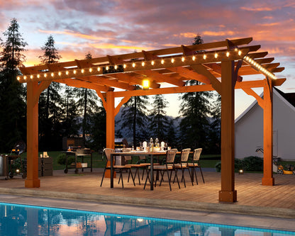 Jocisland 10x12 FT Premium Cedar Wood Pergola with Trellis Roof & Weather-Resistant Support, Outdoor Pergola Kit with Stakes, Garden Gazebo for Patio, Backyard & Events, Reddish-Brown