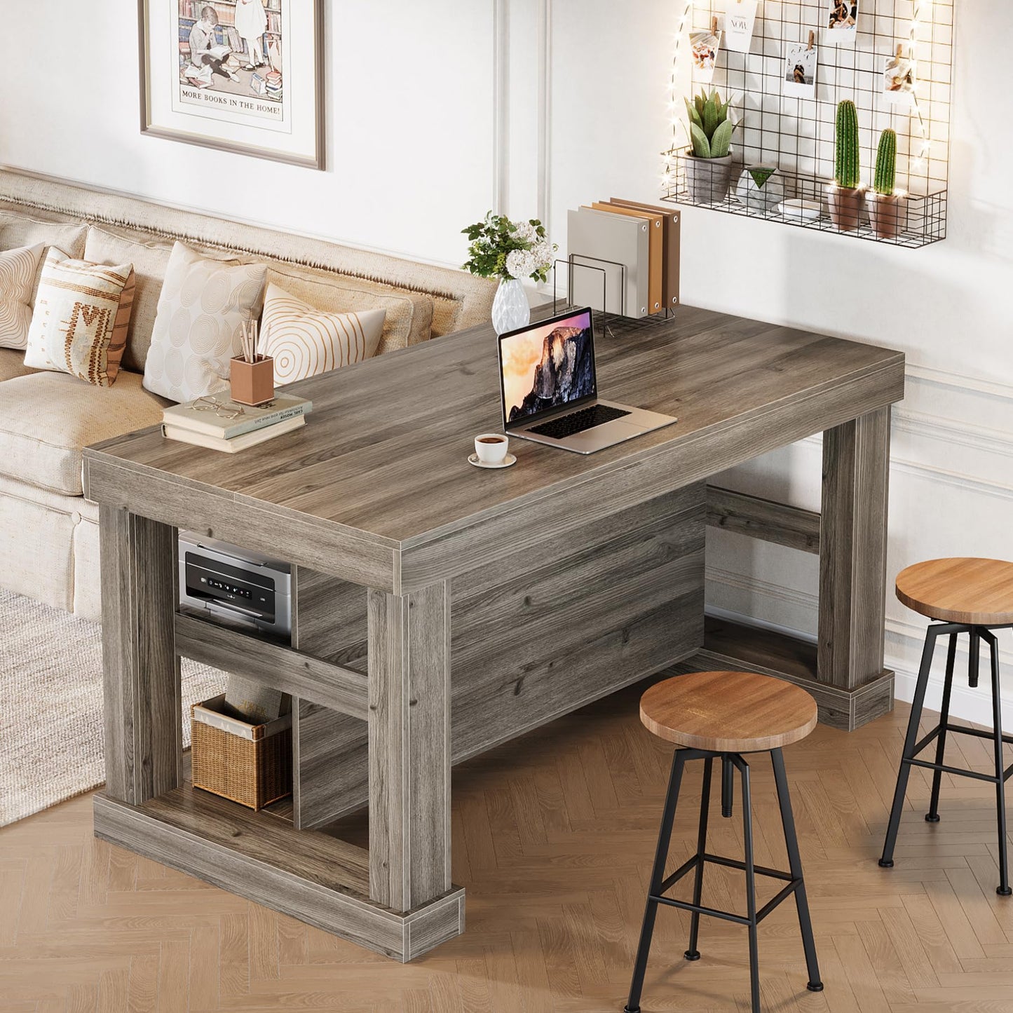 Tribesigns 55" Kitchen Island with Seating and Storage, 3-Tier Farmhouse Wood Stationary Island Table with Large Worktop & Leg Room, Coffee Bar Table with Storage Shelves for Kitchen, Grey