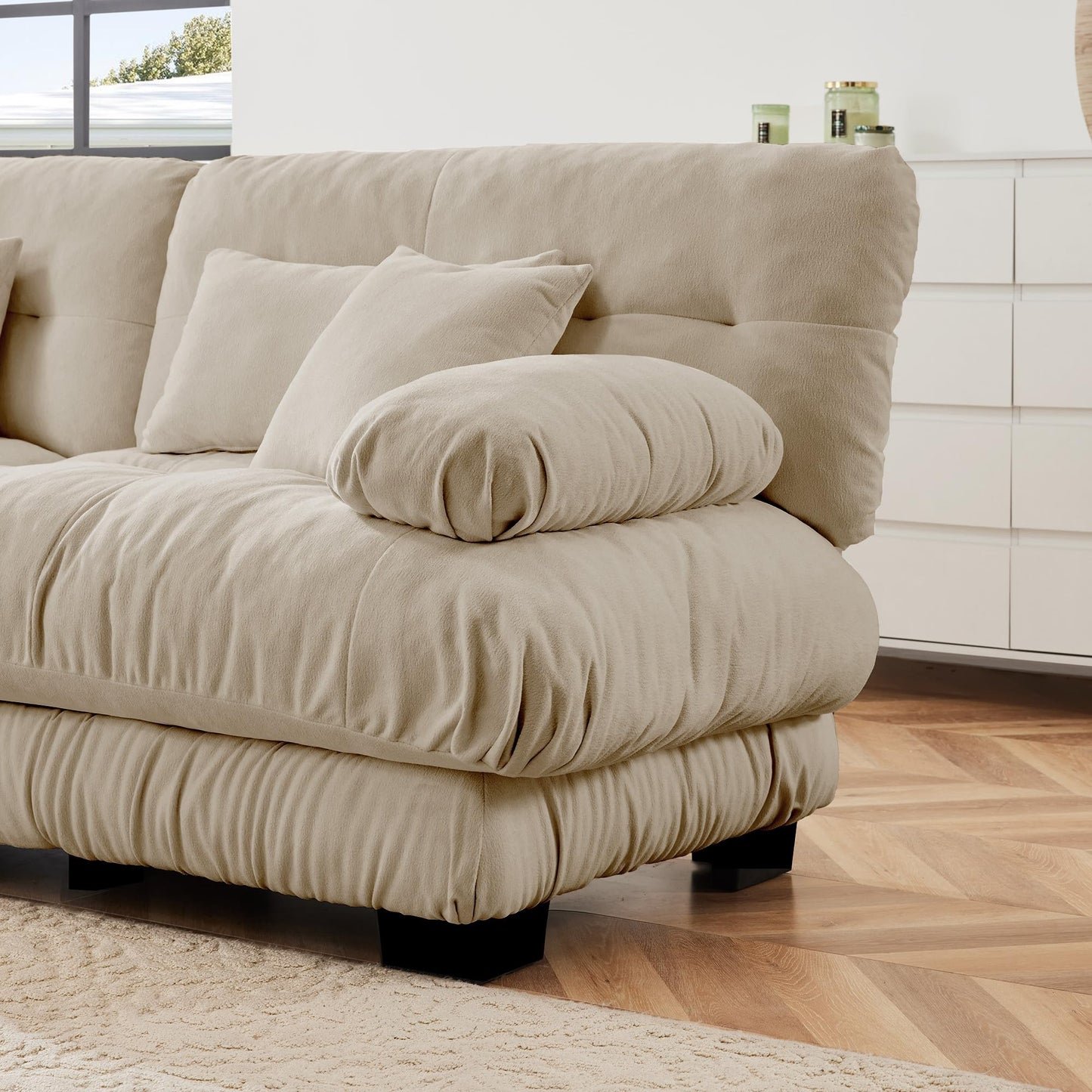 KEIKI 133" Sectional Sofa with Removable Ottoman, 4 Seat L Shaped Sleeper Cloud Couch Set, Comfy Chenille Upholstered Modular SofaBed for Apartment Living Room, Throw Pillows, Light Coffee