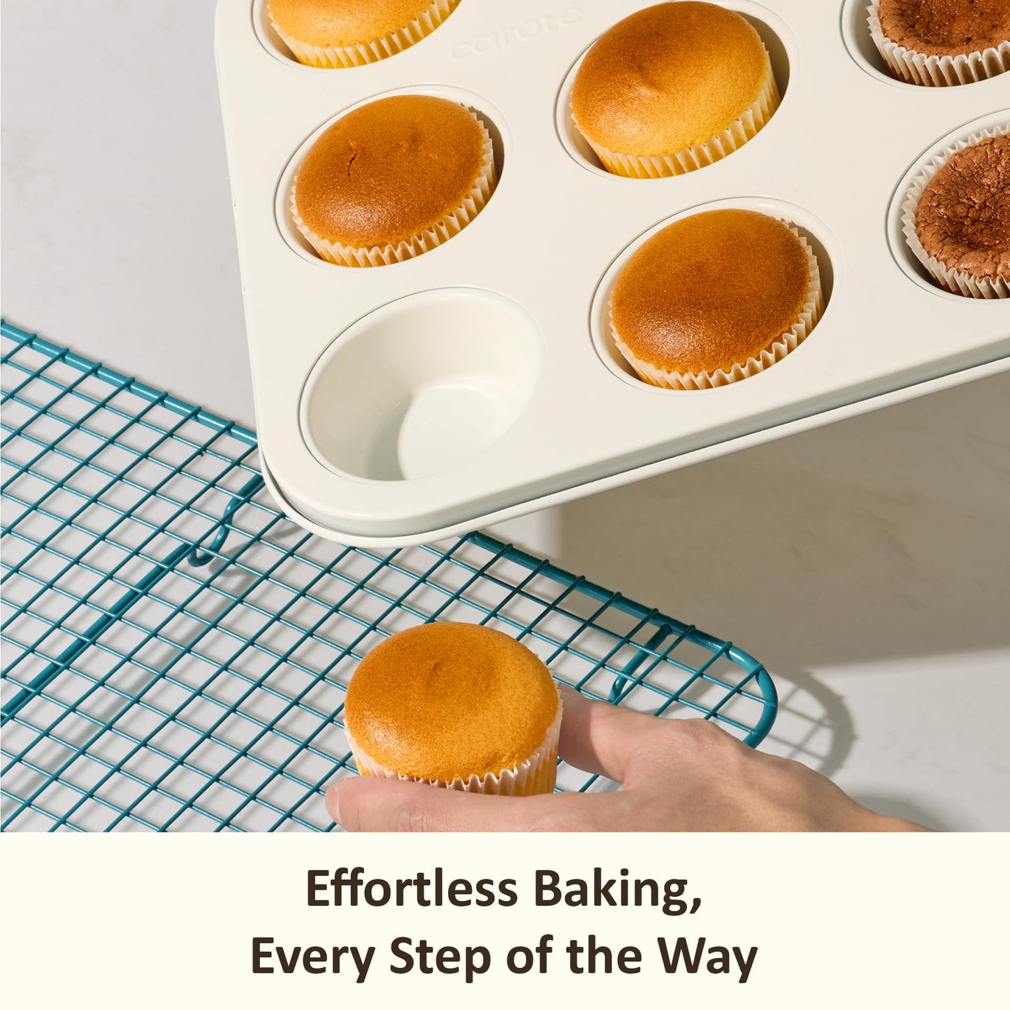 CAROTE 6-Piece Ceramic Baking Pans Set, Aluminized Steel Bakeware Sets, Toxin-Free Nonstick Stackable Oven Pans with Cookie Sheet, Muffin Pan, Loaf Pan, Round & Square Cake Pan, Cooling Rack