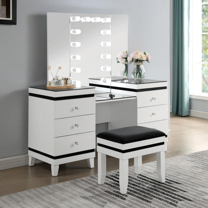 Furniture of America Oleah Solid Wood 3-Piece Vanity Set with Black Padded Stool and Light Bulbs Mirror, Felt-Lined Top Drawer for Bedroom, Guest Room, White