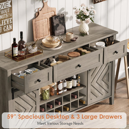 IDEALHOUSE 59'' Farmhouse Buffet Cabinet with Sliding Barn Door, 33.4'' Tall Wood Rustic Sideboard with 3 Drawer, Adjustable Shelf and Removable Wine Rack for Dining Room, Kitchen, Vintage