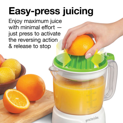 Proctor Silex Electric Citrus Juicer Machine, Large 34 oz. Pitcher, Pressure Activated, 2 Reamers for Big and Small Fruit, Pulp Control, for Orange, Lemon, Grapefruit Juice, White & Green (66340)