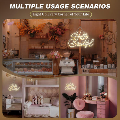 LooKLight Hello Beautiul Neon Sign,Warm White Neon Light Sign,Letters Wedding Neon Signs for Wall Decor,USB Powered Led Light Up Signs For Wedding Party Bedroom Birthday Beauty Salon