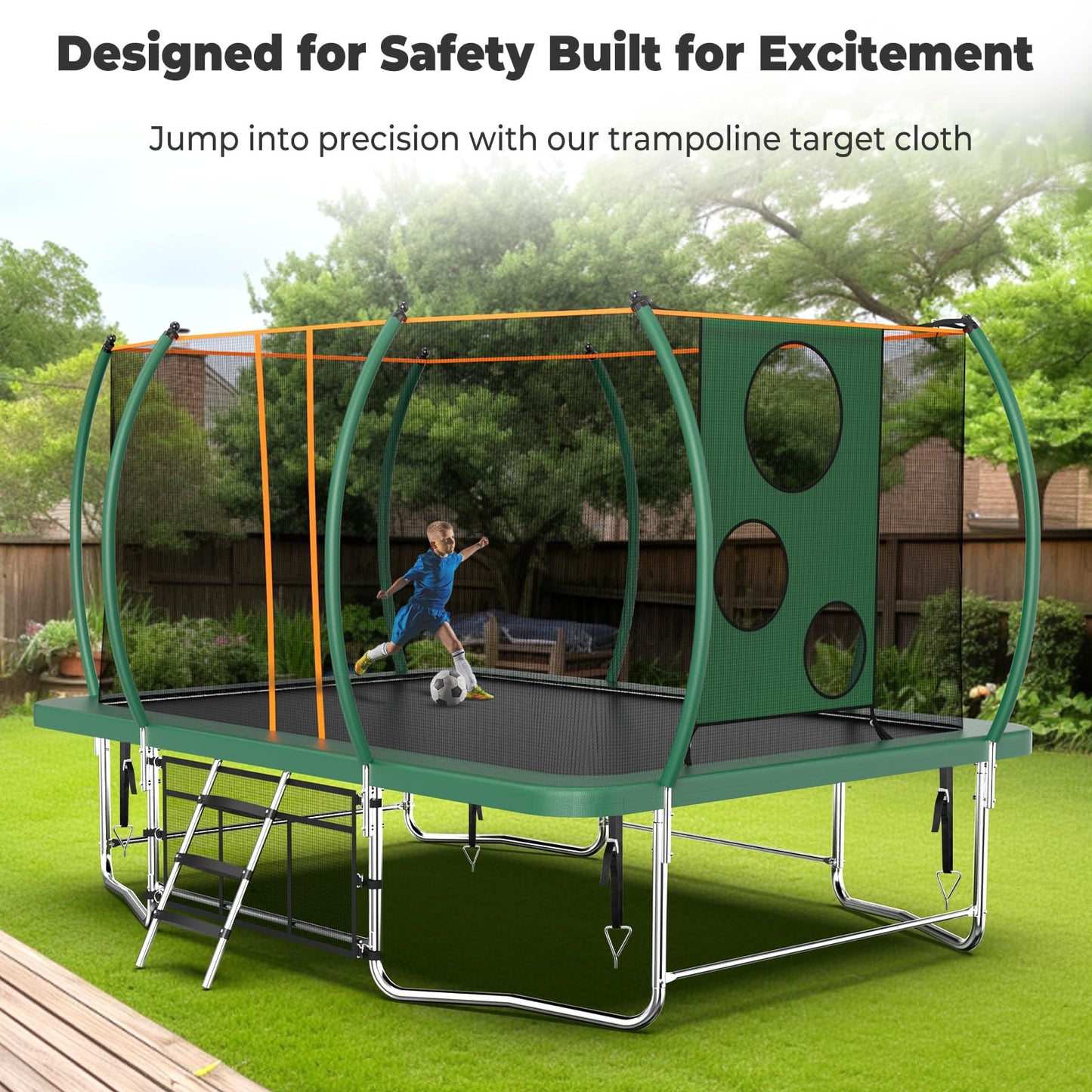 Lyromix 14FT Outdoor Rectangle Trampoline for Kids and Adults, Rectangular Trampoline with Curved Poles, Pumpkin Trampolin with Light, Sprinkler, Soccer and Storage Bag