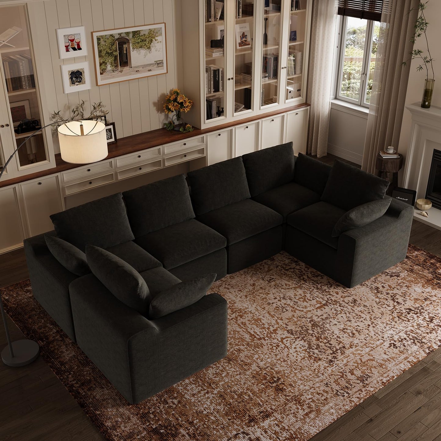 Novilla 133.8" Modular Cloud Couch, Modern Sectional Sofa with Smarts Coil® Support, Chenille Fabric, Upholstered Couch for Living Room Apartments Bedroom, No Assembly, 6 Seater, Dark Grey
