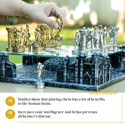 BB Chess Sets - Renaissance Knight 3D Chess Set – Unique Chess Board Set - Durable Gold and Silver Metal Pieces - Tempered Glass Board and Polyresin Base