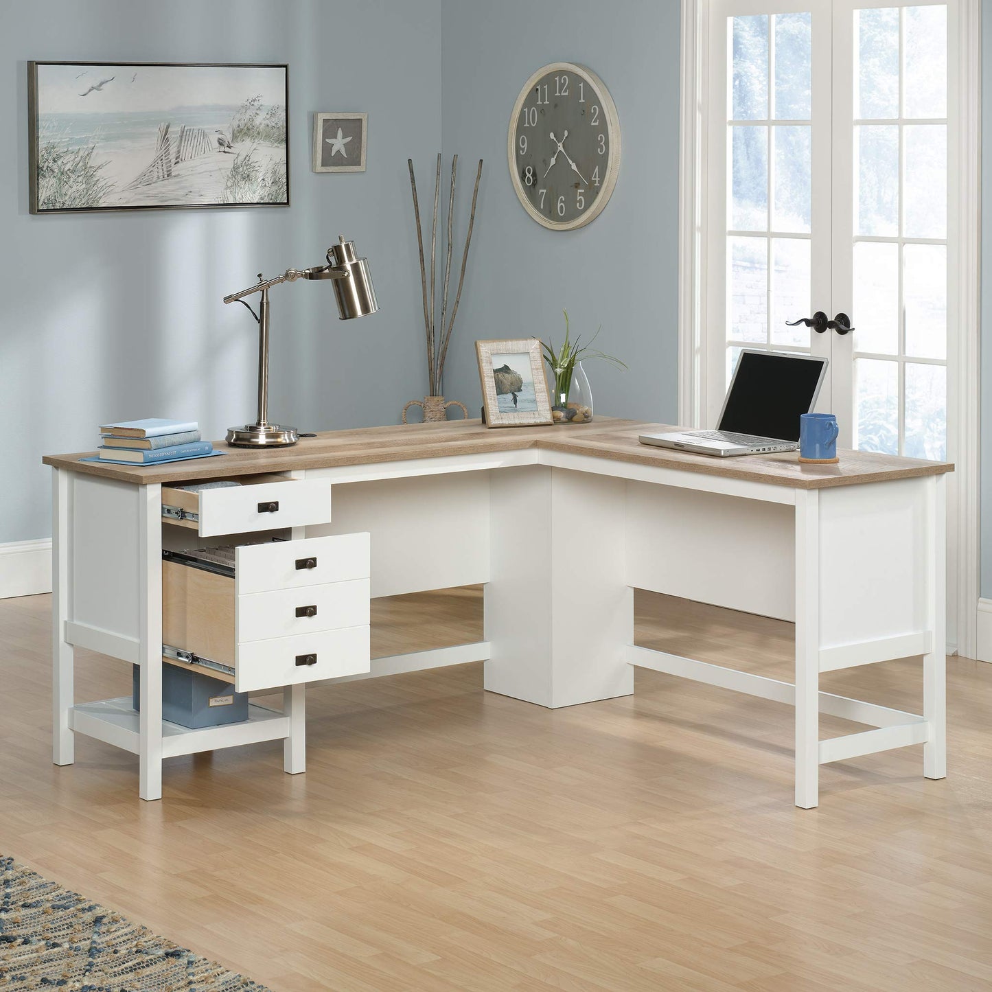 Sauder Cottage Road L Shaped Desk Computer Desk with Drawers, Home Office Desk with Optional File Cabinet Storage, Cable Management, in Soft White Finish