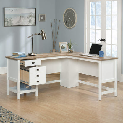 Sauder Cottage Road L Shaped Desk Computer Desk with Drawers, Home Office Desk with Optional File Cabinet Storage, Cable Management, in Soft White Finish
