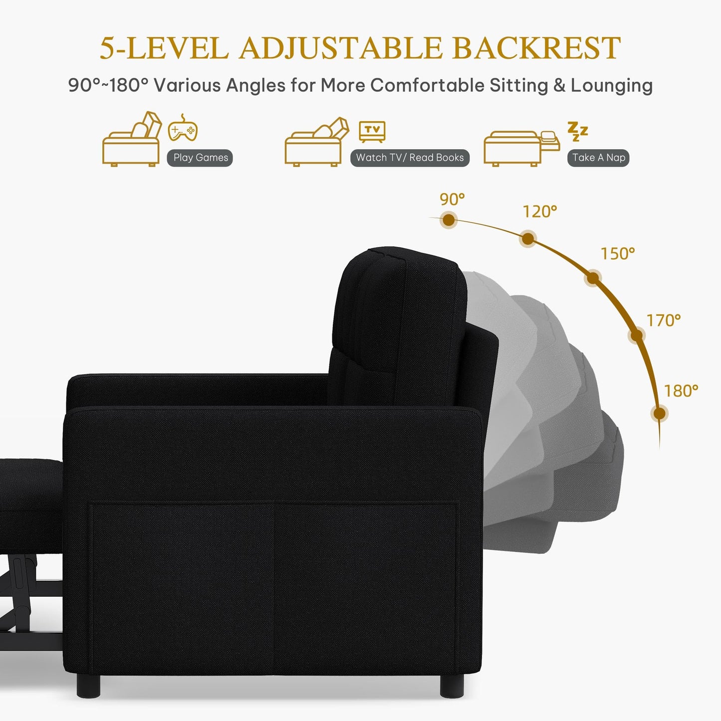 DWVO 55" Convertible Sofa Bed, 3-in-1 Sleeper Sofa with Pull-Out Bed, Linen Futon Couch with Adjustable Backrest and Side Pocket, Modern Loveseat for Living Room Apartment, Balck
