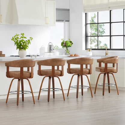 CHITA Swivel Counter Height Barstools Set of 2, FSC Certified Faux Leather Upholstered Bar Stools with Back and Armrest for Kitchen Island Home Bar, 27" Seat Height, Camel with Walnut Frame