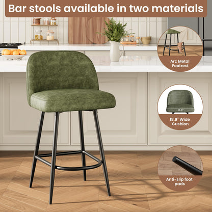 Garvee Bar Stools Set of 4, Leather Upholstered Barstools with Back & Arc Metal Footrest, 26" Modern Kitchen Island Stools with Thickened Metal Legs for Home Bar, Bistro & Dining Area, Green