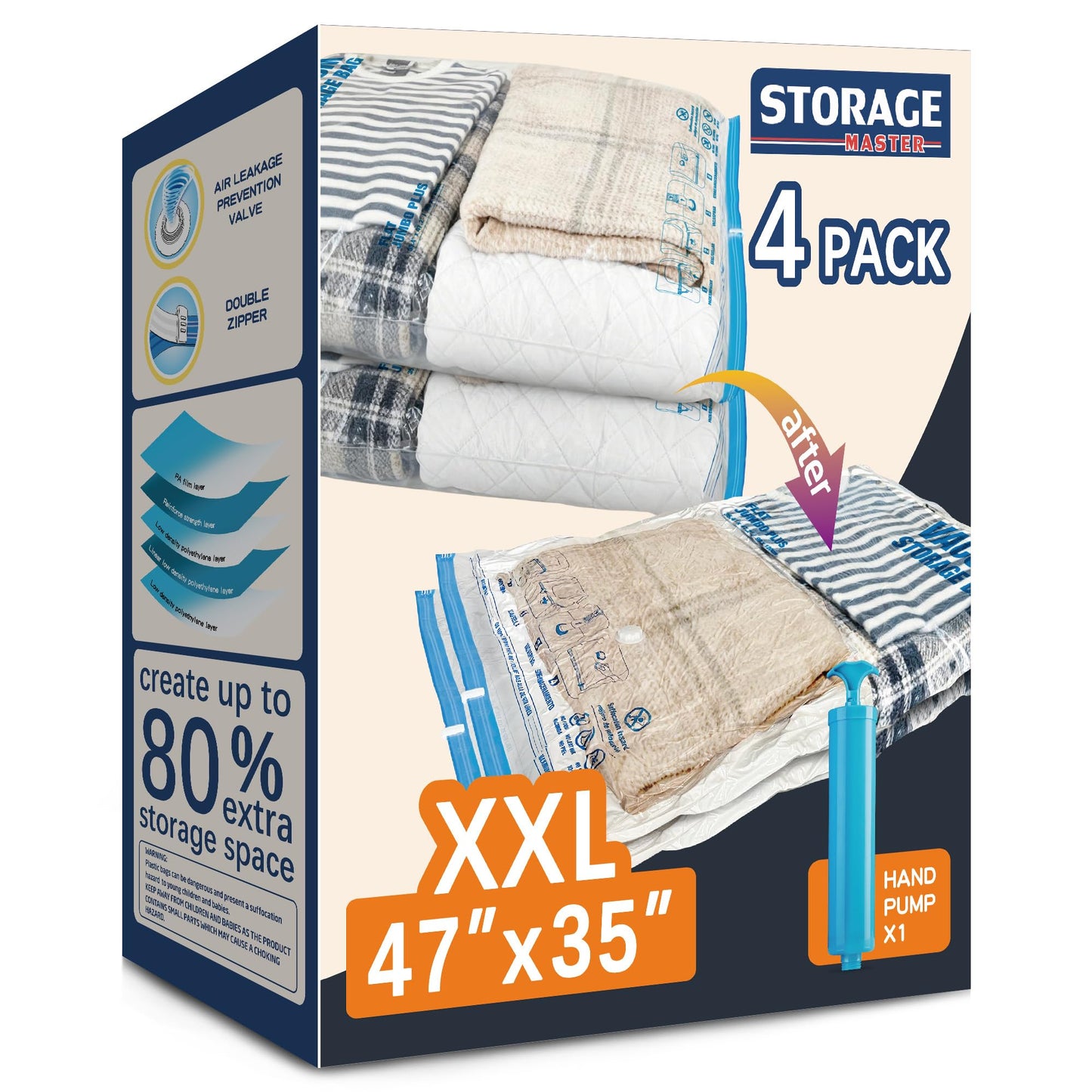 XXL Jumbo Vacuum Storage Bags, 47''X35'' Extra Large Space Bags for Blanket, Bedding, Comforters (4-XXL)