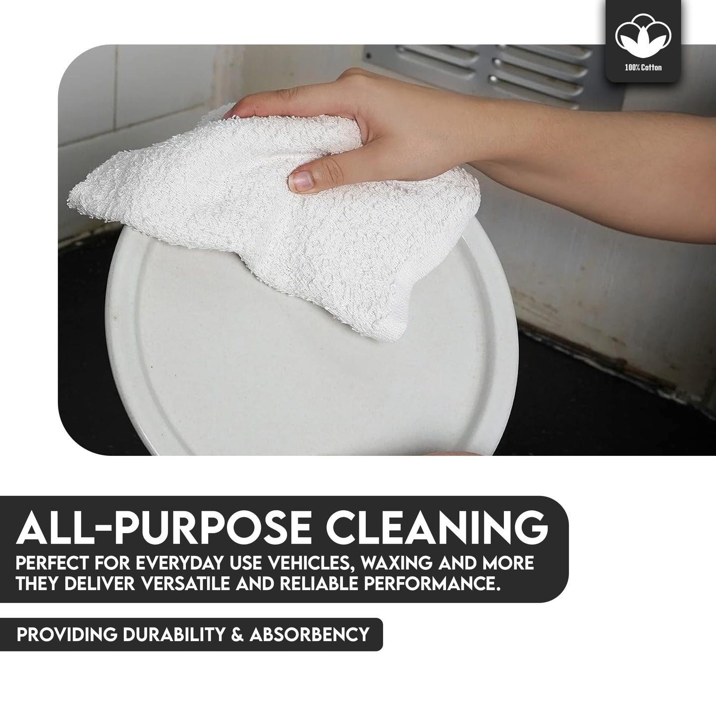 Corporate Hills Terry Bar Mop Towels - 60 Pack (14"x17") White Cotton Terry Cloths, Super Absorbent Cleaning Rags, Reusable Bar Mop Towels for Kitchen, Garage, Salon, Spa & Commercial Use
