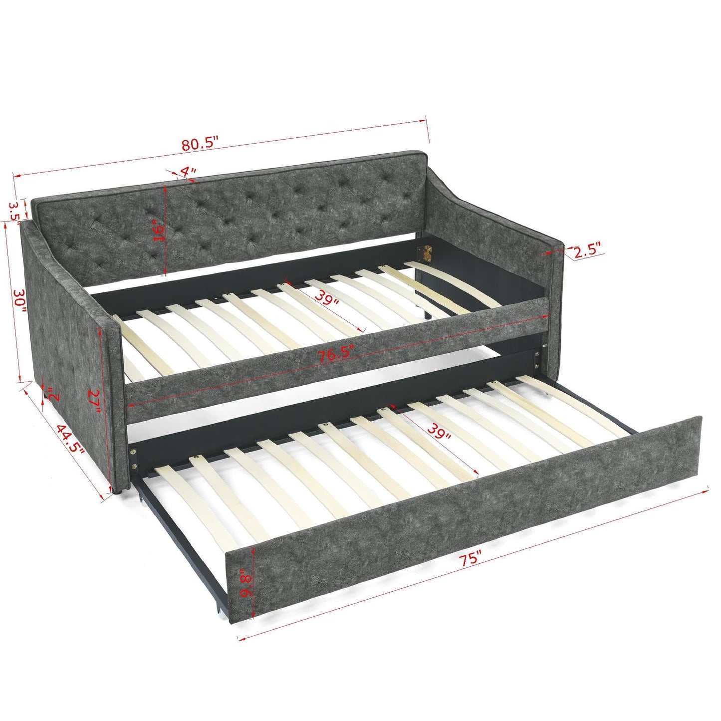 KEIKI Twin Size Upholstery Daybed with Twin Size Trundle and Headboard, Mid-Century Style Tufted Sofa Bed with Waved Arms, Easy Assembly, No Box Spring Required, for Living Room, Grey