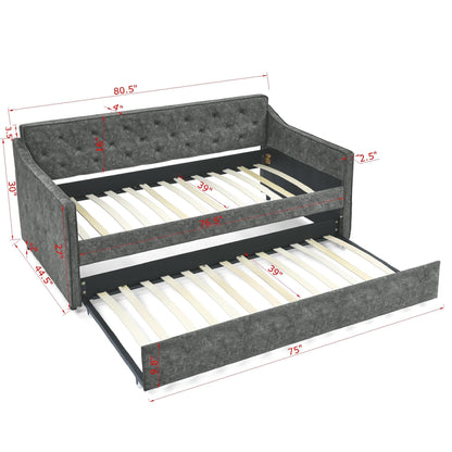 KEIKI Twin Size Upholstery Daybed with Twin Size Trundle and Headboard, Mid-Century Style Tufted Sofa Bed with Waved Arms, Easy Assembly, No Box Spring Required, for Living Room, Grey